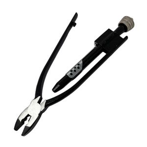 May include: Black and silver safety wire pliers. The pliers have a black handle and silver jaws. The tool has a black shaft with a silver grip and a knurled end. The tool is designed for twisting safety wire.