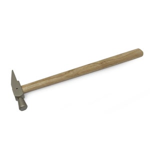 May include: A silver hammer with a wooden handle. The hammer has a slightly curved head and a small hole in the side.
