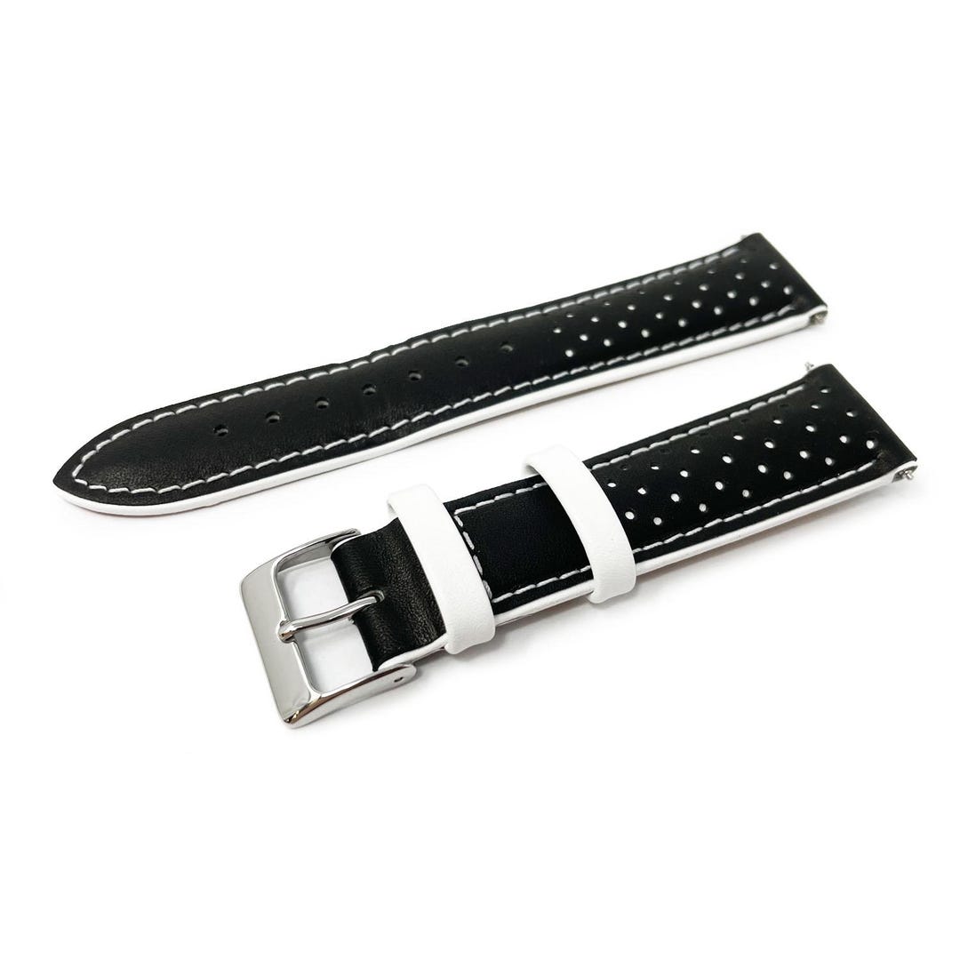 Racing Sports Watch Strap BLACK WHITE Genuine Leather Strap Replacement ...