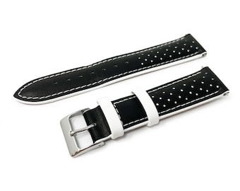 Racing Sports Watch Strap BLACK WHITE Genuine Leather Strap Replacement Contrast Design