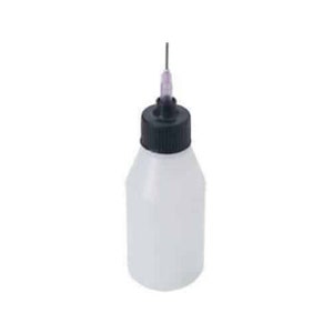 May include: A clear plastic bottle with a black cap and a thin needle-like spout. The bottle is designed for dispensing liquids.
