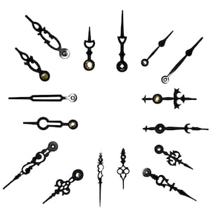 May include: A set of 12 black clock hands in various styles and sizes. The hands are made of metal and have a black finish.