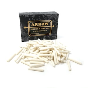 May include: A box of 150 white rhodium plating tips, labelled "Arrow Rhodium Plating Tips - Super Absorbent - Made in Germany". The tips are arranged in a pile on a white surface.