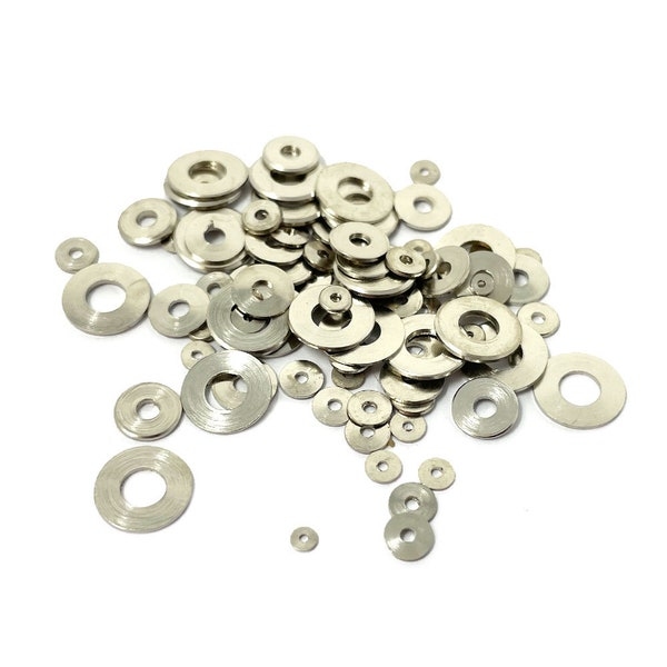 Nickel Clock Washers Flat Round Assorted Small Medium Sizes x100 Watch Repairs