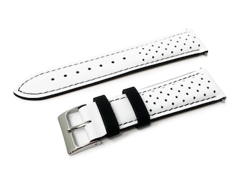Racing Sports Watch Strap WHITE BLACK Genuine Leather Strap Replacement Contrast Design