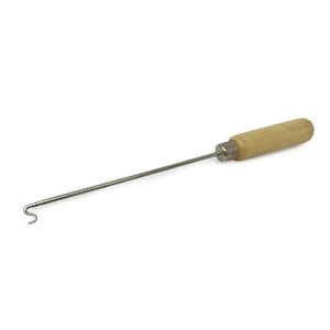 May include: A hook tool with a wooden handle and a metal hook on one end. The hook is bent into a small loop.