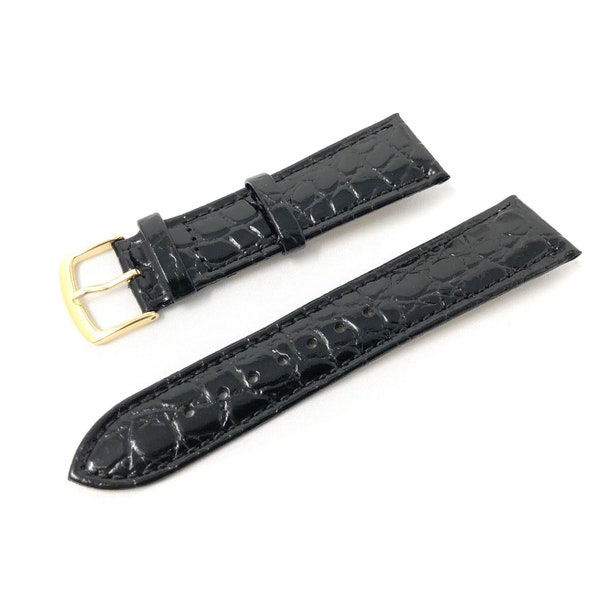 Black Leather Watch Strap Croc Effect Grain Replacement Hadley Roma Band with Gold Buckle Ladies Sizes 18mm 20mm 22mm