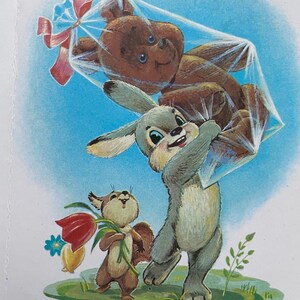 Zarubin, Telegrama, ¡Felicitaciones!, Liebre, ardilla, oso, regalo, URSS, Postales soviéticas,