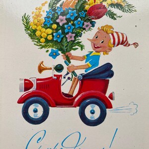 Cartão postal Zarubin Pinóquio, Pinóquio, buquê, tulipas, cartão postal soviético, parabéns, limpo, 1983