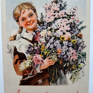 May include: A young girl with braids holds a large bouquet of colorful flowers. She is wearing a brown dress and a white collar. The text "З днем народження!" is written in red at the bottom of the image.