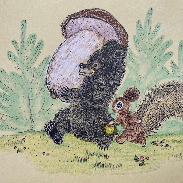 Blank vintage soviet postcard "thank you bear cub", soviet illustration, russian bear, squirrel, porcini mushroom, artist Golubev, 50-70s