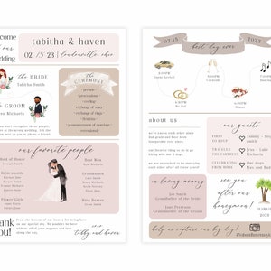 May include: A wedding invitation with a pink and brown color scheme. The invitation features a watercolor illustration of a couple, a timeline of the wedding day, and a list of the wedding party. The text on the invitation reads "Welcome to our wedding, Tabitha & Haven, 02.15.23, Condonville, Ohio."