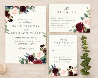 Burgundy Wedding Invitation, Printed Wedding Invitation