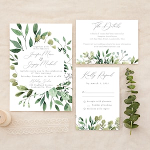 Wedding Invitation, Printed Wedding Set, Sage Greenery, Simple Wedding Invite, Eucalyptus Greenery