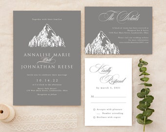 Mountain Wedding Invitation, Modern Wedding Invite, Printed Wedding Invitation, Wedding Invitation Set