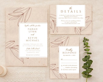 May include: A set of wedding stationery with a beige background and brown leaf illustrations. The set includes an invitation, details card, and RSVP card. The invitation features the names Farah Lynn and Kevin Michael.