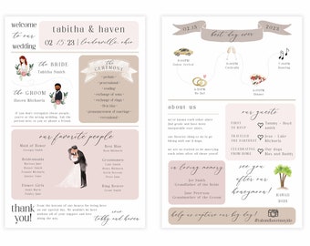 May include: A wedding invitation with a pink and brown color scheme. The invitation features a watercolor illustration of a couple, a timeline of the wedding day, and a list of the wedding party. The text on the invitation reads "Welcome to our wedding, Tabitha & Haven, 02.15.23, Condonville, Ohio."