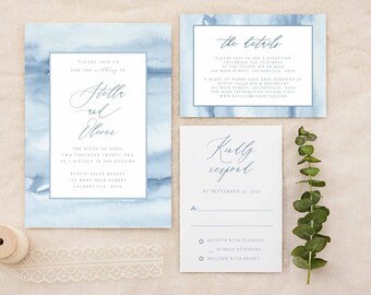 Wedding Invitation, Printed Wedding Set, Simple, Script, Watercolor, Dusty Blue, Minimal