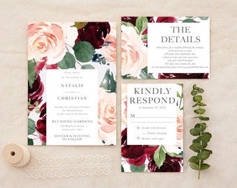 Wedding Invitation, Printed Wedding Set, Rustic Wedding, Burgundy and Dusty Rose, Greenery