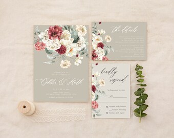 May include: Wedding invitation suite with floral design. The invitation features a gray background with white and burgundy flowers. The RSVP card has a gray background with white and burgundy flowers and the text "kindly respond by September 20, 2020".