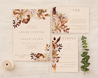May include: A wedding invitation suite with a floral design in shades of brown, orange, and white. The invitation features the names Logan Justine and Caleb Allen, the date Saturday, May 5th, 2022, and the time 3 PM. The RSVP card includes the text "KINDLY RESPOND" and a space for guests to indicate their attendance.