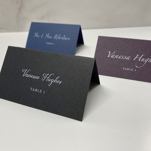 Place Cards, White Ink Printed on Black, Eggplant Purple, or Navy Blue Paper, Wedding Name Cards image 4