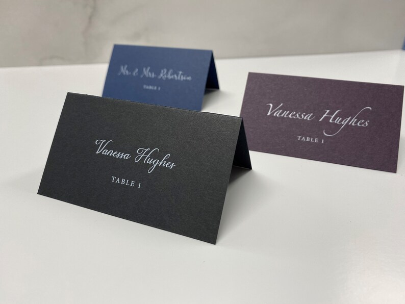 Place Cards, White Ink Printed on Black, Eggplant Purple, or Navy Blue Paper, Wedding Name Cards image 4