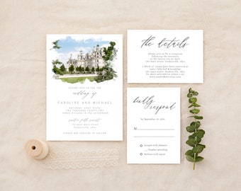 May include: Wedding invitation suite with a watercolor illustration of a castle. The invitation includes the names Caroline and Michael, the date Saturday, April Sixth, Two Thousand Twenty-Two, and the time Three O'Clock in the Afternoon. The invitation also includes the location Rustic Falls Inn, 170 West Main Street, Loudonville, Ohio. The RSVP card includes the date September 20, 2022.