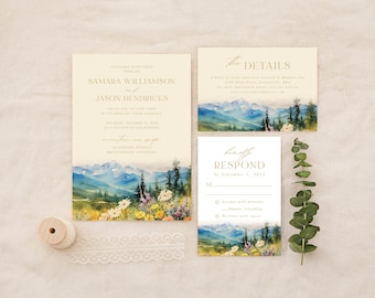 Mountain, Landscape, Sunshine, Wildflower, Rustic, Mountain Wedding, Destination, Printed Wedding Invitation