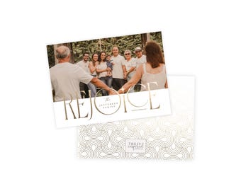 May include: A family photo card with the word "REJOICE" in gold script. The card features a family photo and a gold geometric pattern on the back. The text "The Jefferson Family" is also included.