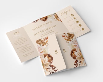 May include: A tri-fold wedding invitation with a floral design in shades of brown and cream. The invitation features the names "Samantha Jo Zullo" and "Kevin William Weaver" and the date "2022". The back of the invitation includes a timeline of the wedding day.