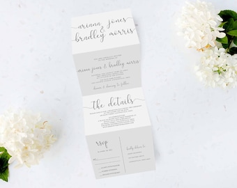 Tri Folding Wedding Invitation, Tri Fold Invite, Minimal Wedding Invitation, All in One Wedding Invite, Script wedding invitation