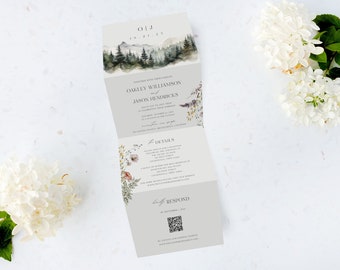 Tri Folding Wedding Invitation, Tri Fold Invite, Sage Green, Mountain Wildflower Wedding Invitation, All in One Wedding Invite