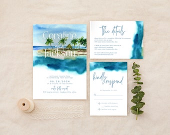 May include: Wedding invitation suite with a watercolor design of a tropical island with palm trees and a hut. The invitation reads "Coraline and Jackson" and includes the date "08.26.2024" and the location "rustic falls resort". The RSVP card reads "kindly respond by September 21, 2020".