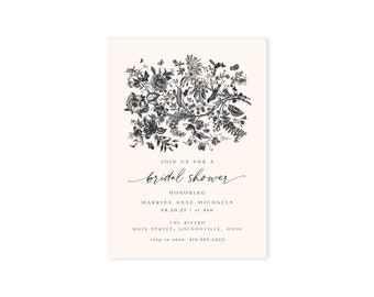 May include: A black and white floral illustration with a text overlay that reads "JOIN US FOR A bridal shower HONORING MARRISA ANNE MICHAELS 08.20.25 AT 4PM THE BISTRO MAIN STREET, LOUDONVILLE, OHIO rsyo to anna, 419.999.2222".