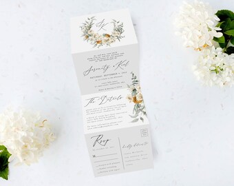 Tri Folding Wedding Invitation, Tri Fold Invite, Minimal Wedding Invitation, All in One Wedding Invite, Boho wedding invitation
