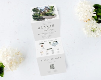 Watercolor Venue Wedding Invitation: Custom Tri-Fold Design