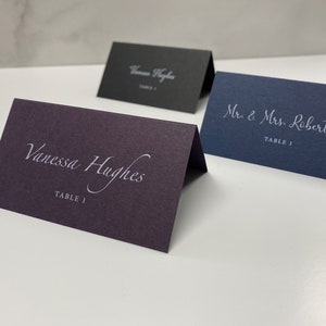 Place Cards, White Ink Printed on Black, Eggplant Purple, or Navy Blue Paper, Wedding Name Cards image 2