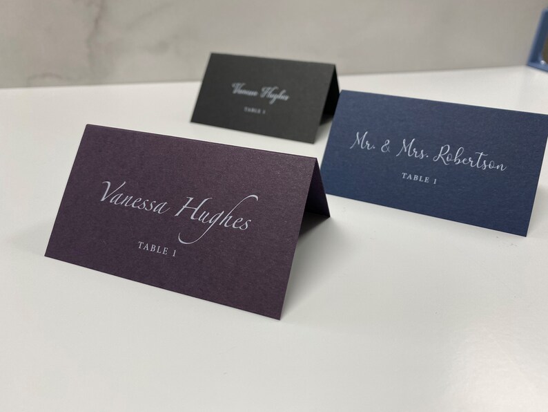 Place Cards, White Ink Printed on Black, Eggplant Purple, or Navy Blue Paper, Wedding Name Cards image 2