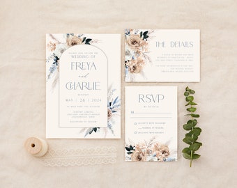 May include: Wedding invitation suite with a floral design in shades of blue, beige, and white. The invitation features the names Freya and Charlie, the date May 28, 2024, and the location Juniper Landing. The RSVP card includes a space for the guest's name and a choice of accepting with pleasure, declining with regret, or accepting with pleasure and indicating the number attending.
