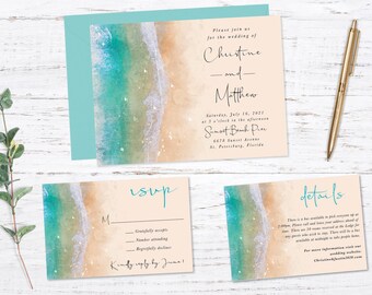 May include: A beach-themed wedding invitation suite with a watercolor background of turquoise water and white sand. The invitation card features the text "Please join us for the wedding of Christine and Matthew" with the date and location of the wedding. The RSVP card has a place for guests to indicate their attendance and the details card provides additional information about the wedding.