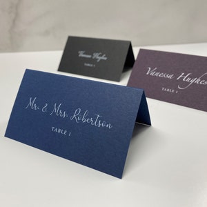 Place Cards, White Ink Printed on Black, Eggplant Purple, or Navy Blue Paper, Wedding Name Cards image 3