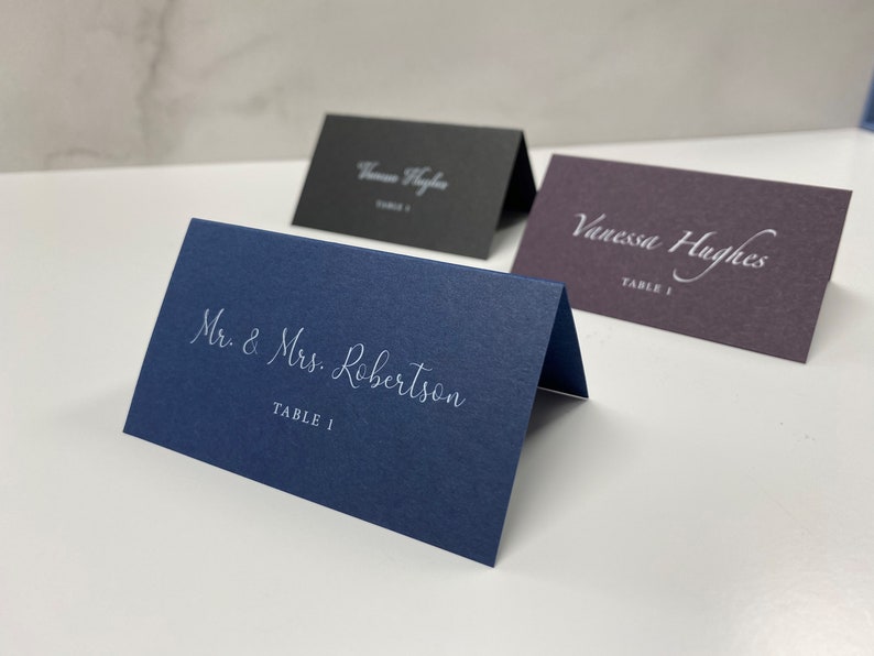 Place Cards, White Ink Printed on Black, Eggplant Purple, or Navy Blue Paper, Wedding Name Cards image 3