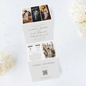 May include: A wedding invitation with a white background and a gray border. The invitation features a photo collage of the couple, the wedding date, and the location. The invitation also includes a map of the wedding venue and a QR code for RSVP.