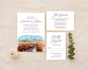 May include: Wedding invitation with a watercolor illustration of a vineyard with a red barn and rolling hills. The invitation is for Claret and Haven on Saturday, April 4th, 2025 at Red Wine Vineyard in Londonville, Ohio. The RSVP card requests a response by September 20, 2025.