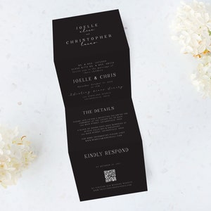 Tri Folding Wedding Invitation, White Ink Printed on Black Paper - The Joelle Design