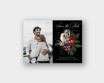 Save the Date Magnet or Printed Card with FREE ENVELOPE ADDRESSING, Photo Save the Date, Minimal, Date, Florals, Dark, Photo