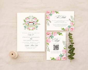 May include: Wedding invitation suite featuring a main invitation, details card, and RSVP card. The main invitation has a floral crest with the initials "C+R" and the date "10.31.2021". The RSVP card includes a QR code. A spool of ribbon and greenery are also present.