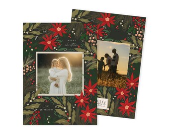 May include: Christmas photo cards with a dark green floral design featuring red poinsettias and berries. The cards have a rectangular photo frame with a family photo. The text "Merry Christmas" and "The Jeffersons" are visible.