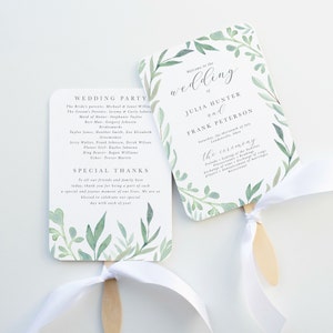 Wedding Program Fan, Printed and Assembled, Sage Greenery, Simple Wedding